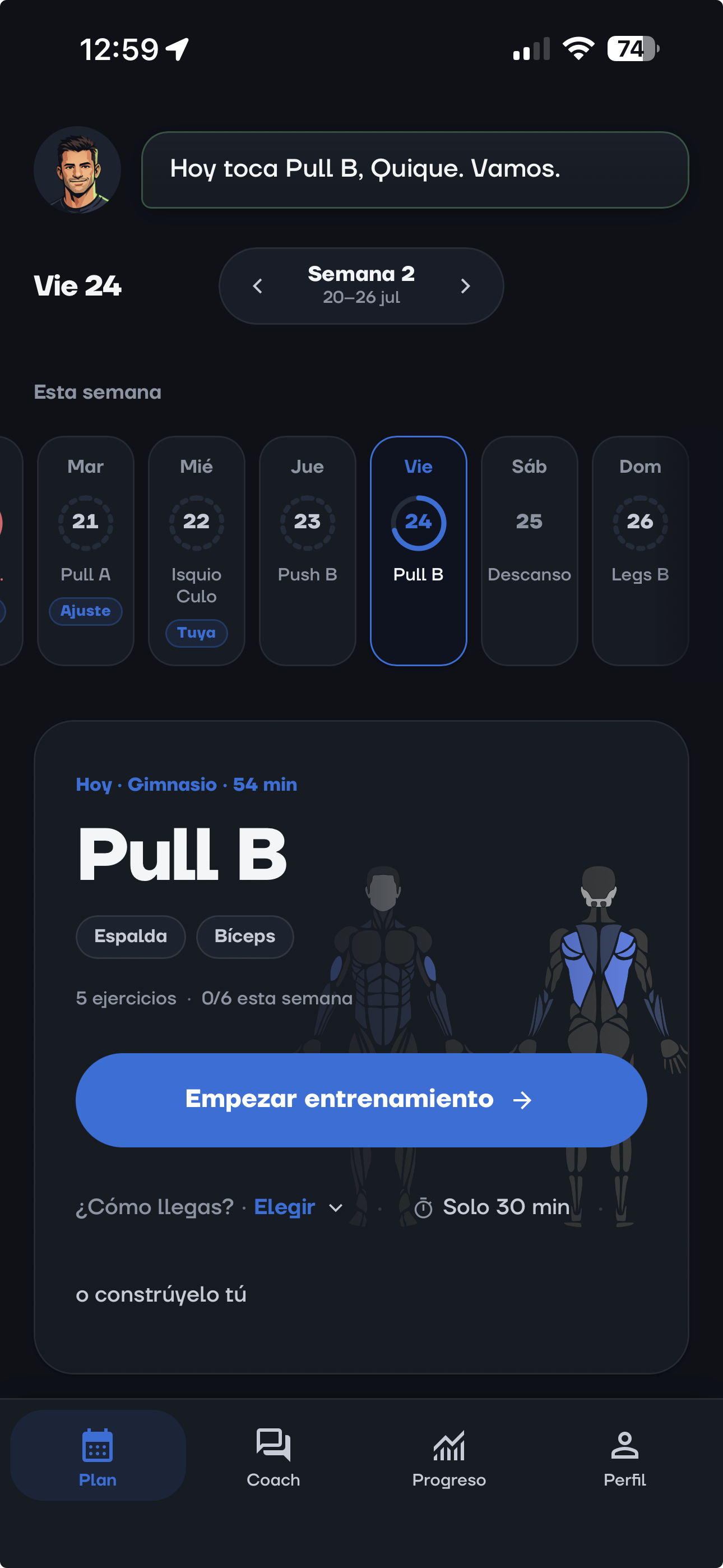 2train app — pantalla de plan semanal