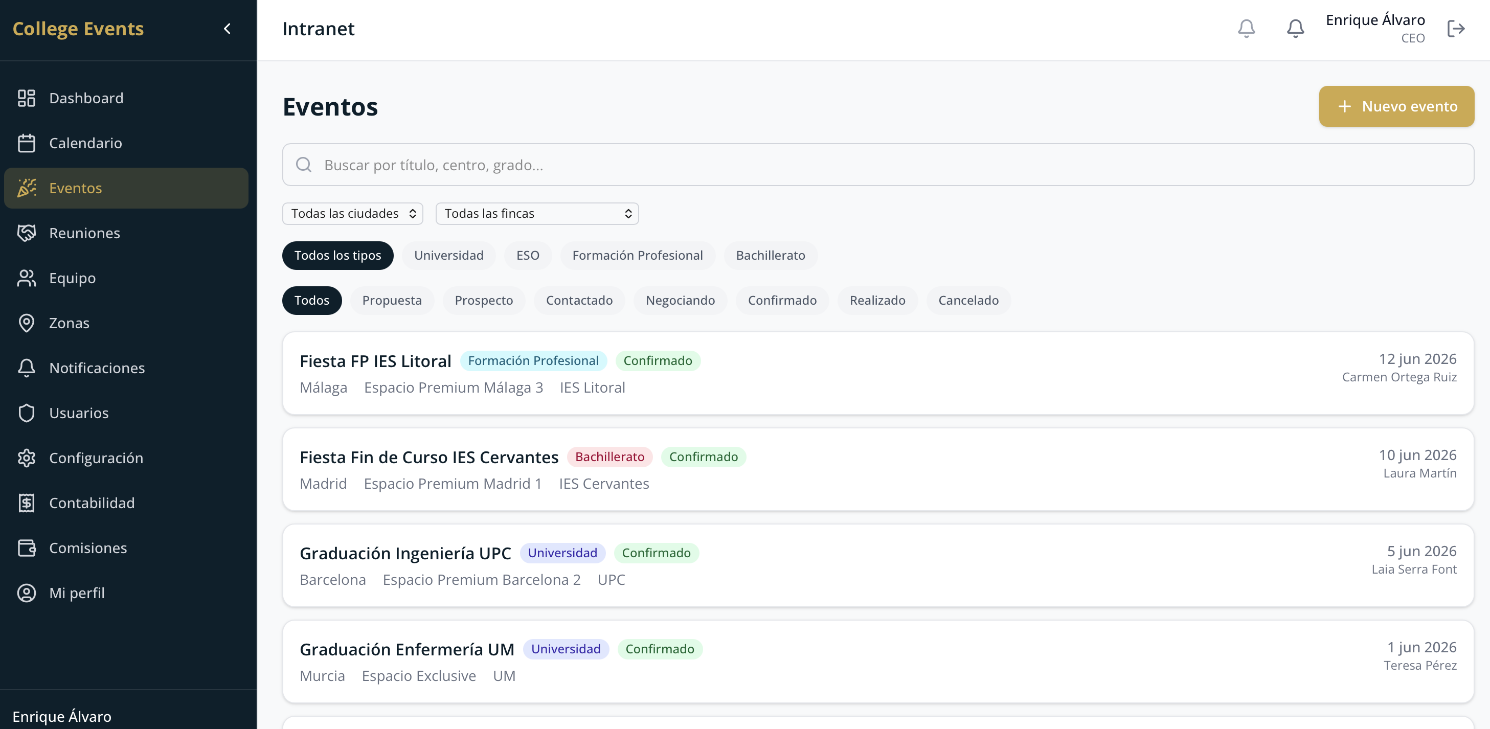 College Events Intranet screenshot